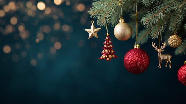 Several christmas ornaments hanging from a lush, dark green pine branch , golden reindeer, a red christmas tree shape with , gold bauble, sparkling red bauble,
celebratory holiday atmosphere.