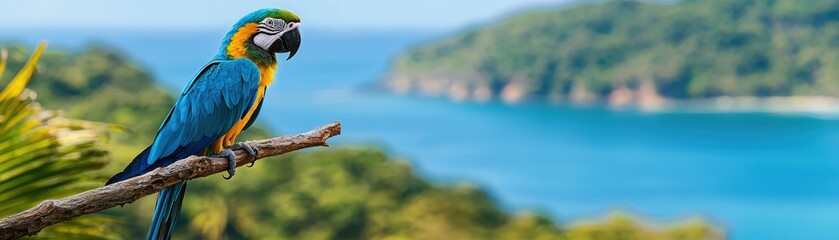 Fototapeta premium Blue and yellow macaw perched on branch with tropical coastline and ocean background