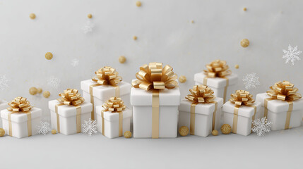 A serene holiday scene features assorted white presents with elegant gold bows, set against a soft, snow-dusted backdrop for festive charm.