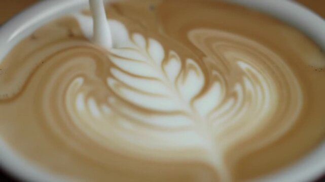 A close-up short video clip demonstrating the skilled process of pouring milk to create intricate latte art in the pattern of a fern or leaf.