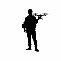 Smart agriculture worker launching drones over rice fields at sunrise silhouette isolated on white background