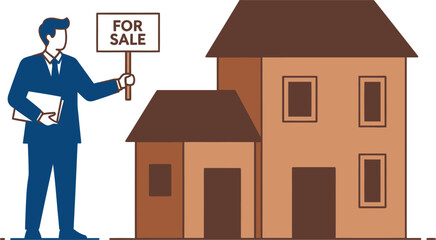 Real estate agent holding a for sale sign in front of a house concept for property, investment, and home buying