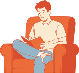 A young man is sitting in a comfortable armchair, engrossed in reading a book, creating a cozy and relaxed atmosphere