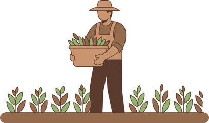 A farmer harvesting crops in a field, carrying a basket full of vegetables, wearing a hat and overalls