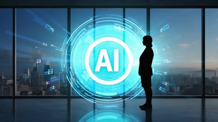 Futuristic A I interface holographic display glowing blue digital network data visualization with silhouette of person in office overlooking cityscape at dusk - Powered by Adobe
