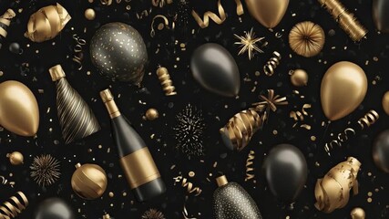 An overhead view of celebratory items in black and gold including balloons confetti and a bottle scattered on a dark surface