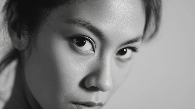 A black and white close-up of a young person's face with intense eyes staring directly at the viewer, shot in a minimalist style.