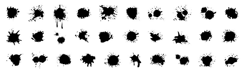 Liquid splashes ink texture. Set of paint splashes element. Splashing fluid stains. Black ink splatter, dirt stain spray splash texture. Black liquid splashes