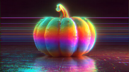 A vibrant glitch art pumpkin with rainbow gradient, reflected on a glossy surface against a dark backdrop