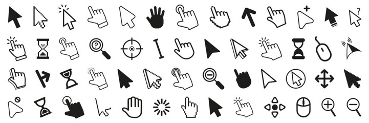 Click cursor icon collection. Set of computer mouse symbol. Arrow, hand, hourglass, mouse, zoom click icons. Computer mouse click cursor arrow and loading icons. Mouse click cursor symbol