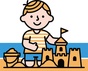 A young boy is building a sandcastle on the beach, enjoying a sunny day by the sea, with a bucket and spade, creating a fun and memorable summer vacation