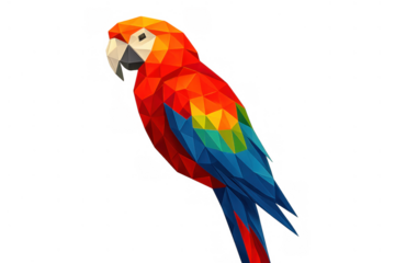 Low poly polygon style illustration of a vibrant scarlet macaw bird featuring bright colors on a transparent background