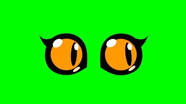 Cute cartoon cat eyes animation on green screen. Cat eyes moving in all directions.