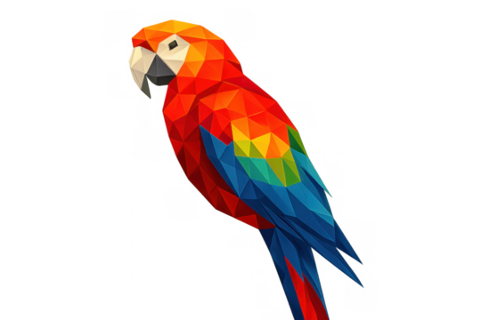 Low poly polygon style illustration of a vibrant scarlet macaw bird featuring bright colors on a transparent background