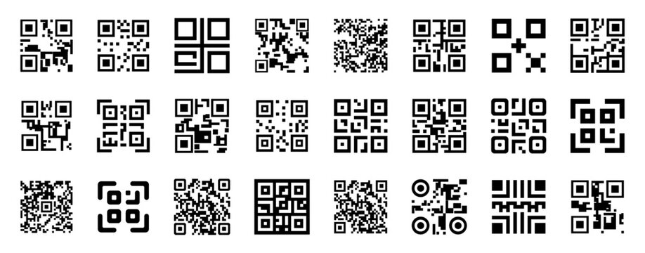 QR code icons in various geometric styles and layouts. Symbolic set representing technology, information access, and scanning systems
