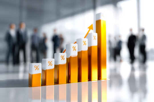 Business growth concept with golden 3d percentage bars showing rising financial success and strategy in a modern office environment with blurred people background - Powered by Adobe