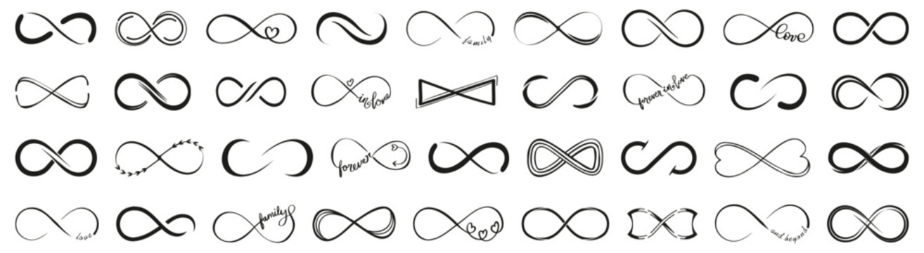 Infinite love symbol collection for family, wedding, love story. Hand drawn infinite heart icons. Endless love symbol with infinity icons