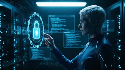 Woman interacts with hologram lock interface. Security display shows data and access status. Server rack lines dark room around subject. Network and cybersecurity graphics float near display. Tech. - Powered by Adobe