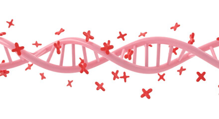 Pink DNA helix with red cross shaped particles isolated on a transparent background molecule