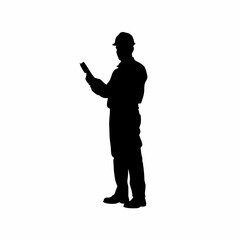 Silhouette of inspector measuring air quality inside factory isolated on white background