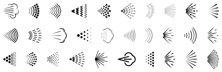 Spray icons collection. Set of aerosol steam icons in black. Perfume, paint, water, deodorant spray icon collection. Liquid or fluid spray cloud icons