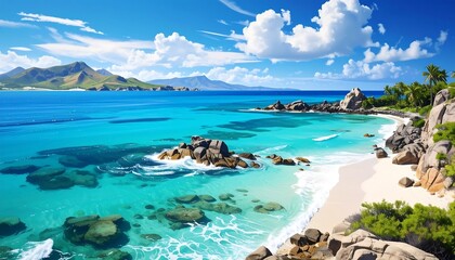 Tropical paradise featuring turquoise waters gently lapping a white-sand beach dotted with large rocks. Verdant islands loom in the distance under a bright blue sky