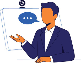 A businessman is presenting online, he is wearing a suit and tie in this vector illustration