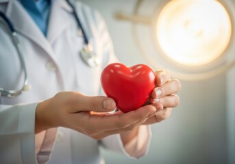 Doctor s gentle hands carefully hold a red heart symbolizing health and care