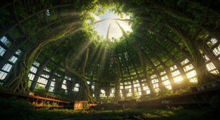 Sunlight streaming through the roof of an abandoned greenhouse overgrown with plants