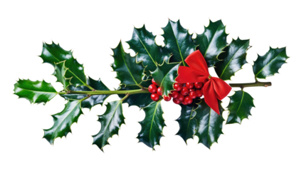 A sprig of holly with green leaves and red berries tied with a red bow on a black background