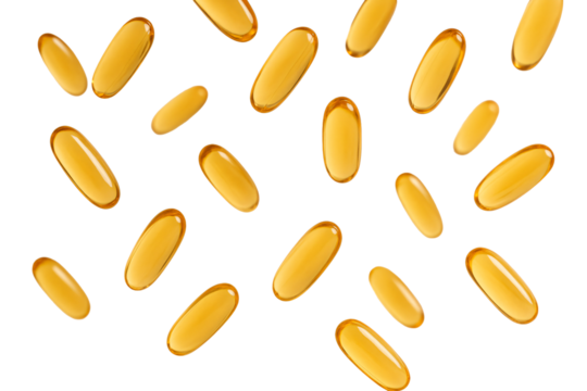 Golden fish oil capsules pattern. Omega 3 vitamins. Health supplement.