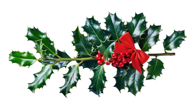 A sprig of holly with green leaves and red berries tied with a red bow on a black background