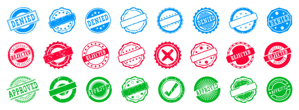 Approved and rejected stamp and medal. Green approved and red rejected icon with grunge. Approved, rejected, denied grunge stamp