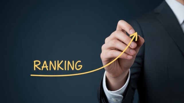 Ranking Progress: An image of a hand of a businessman in a suit, pointing to the ranking graph
