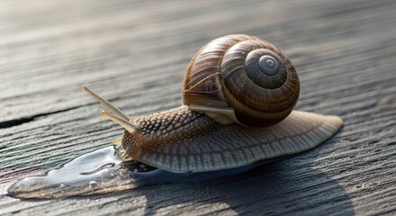 Close up of a garden snail slowly crawling across a weathered wooden surface.