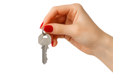 Hand holding key with red nails. Real estate concept. New home.