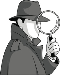 A detective with a magnifying glass is searching for clues, he is wearing a trench coat and a fedora hat