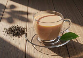 Warm cup of chai tea with loose leaf tea and a fresh green leaf on a wooden surface