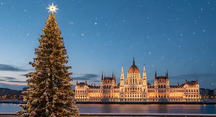 Fototapeta premium Christmas in Budapest - Illuminated Parliament and Festive Tree.