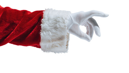 A santa claus hand wearing a white glove and red suit sleeve against a black background pointing