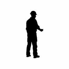 Safety officer silhouette demonstrating emergency evacuation route isolated on white background