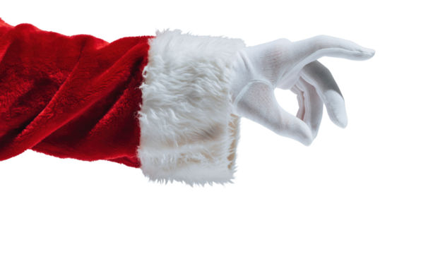 A santa claus hand wearing a white glove and red suit sleeve against a black background pointing