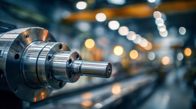 Industrial metal shaft precision engineering component with polished surface in a modern factory illuminated by blurred background lights for manufacturing process concep - Powered by Adobe