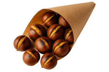 Paper cone filled with roasted chestnuts. Seasonal snack.