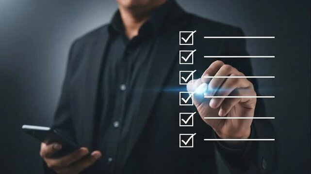 Businessman checking off items on a digital checklist with a stylus, symbolizing task completion and productivity