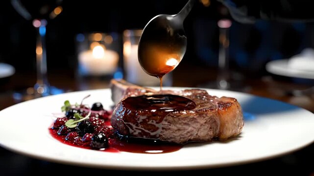 steak on plate with compote and garnish. candle and wineglass rest on table. sauce pools beside meat. dining setup in restaurant. plate arrangement includes herb sprig and berry garnish for contrast.