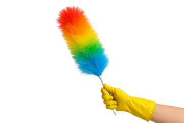 Hand in yellow glove holding rainbow duster. Cleaning concept.