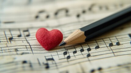 A red heart sits atop sheet music next to a pencil