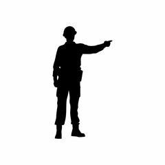Silhouette of safety officer pointing at danger sign isolated on white background
