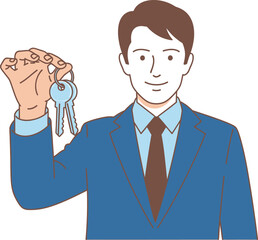 A cheerful real estate agent in a blue suit is holding keys, he is smiling and ready to hand over the keys to a new home